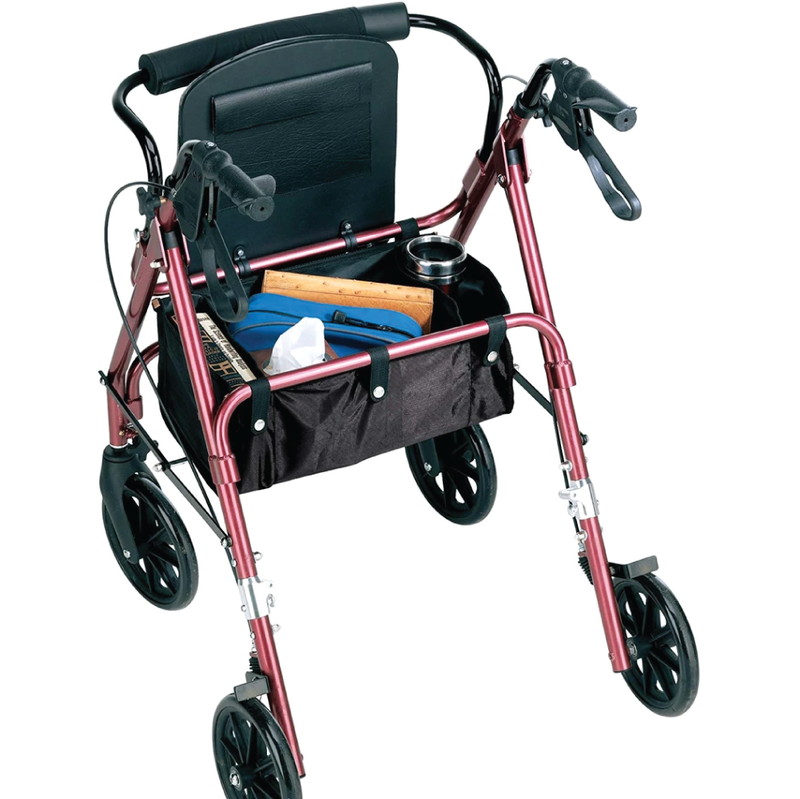 A red rollator with its seat flipped up showing its carrying bag