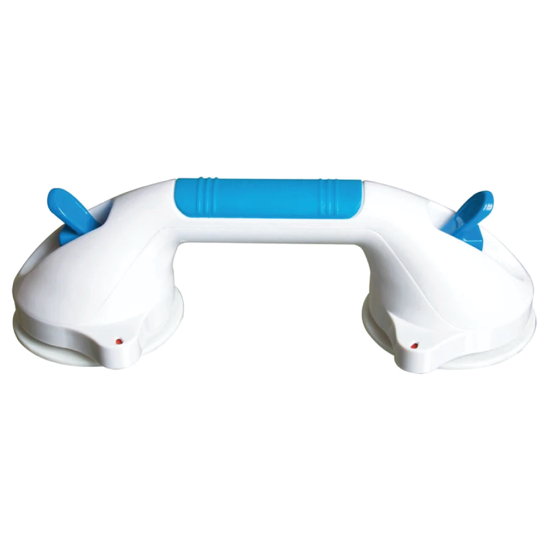 A white suction cup grab bar with blue tabs