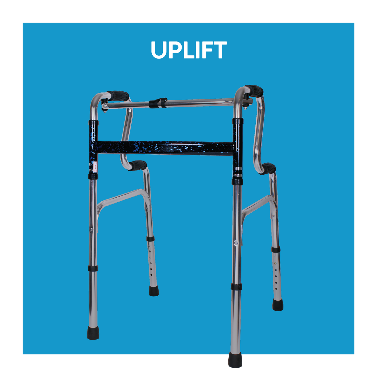 A walker with two sets of handle heights. Text, “uplift”