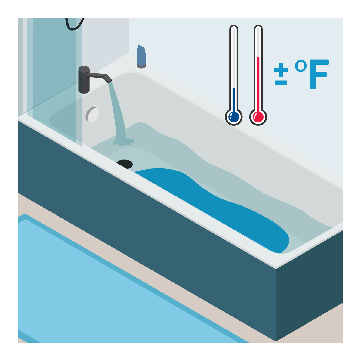 A bathtub graphic with a temperature icon