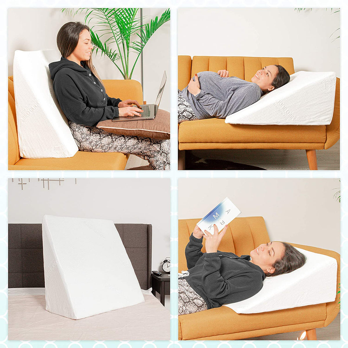 A collage of a woman using a bed wedge pillow in various positions