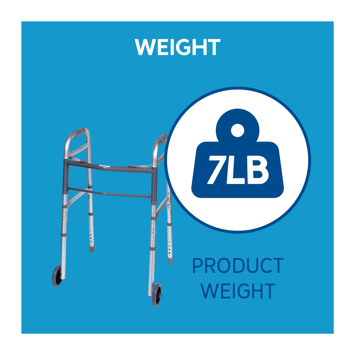 A walker next to a weight icon and text, “Weight 7 lb product weight”