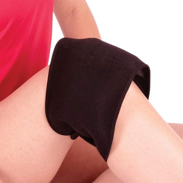 A persons knee with a hot/cold wrap on it
