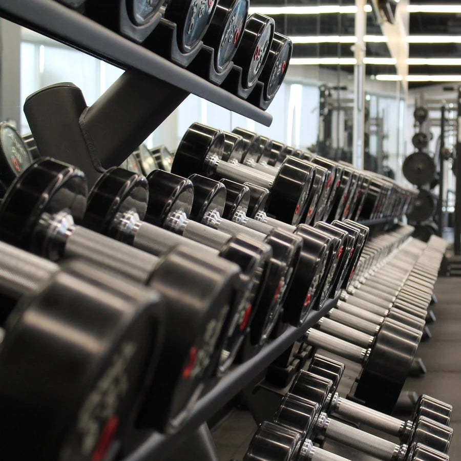 Various weights on a weight rack