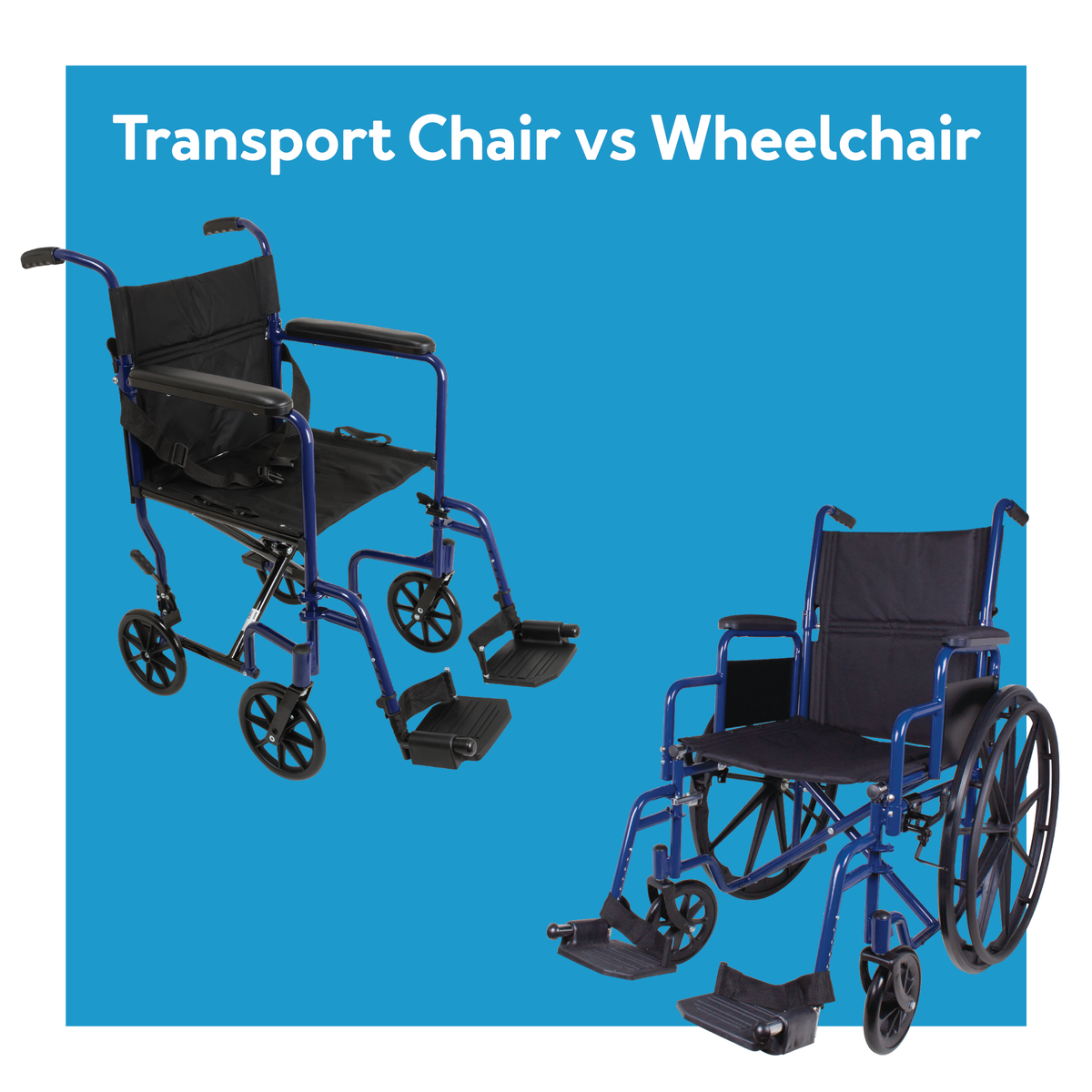 A transport chair next to a wheelchair. Text, transport chair vs wheelchair