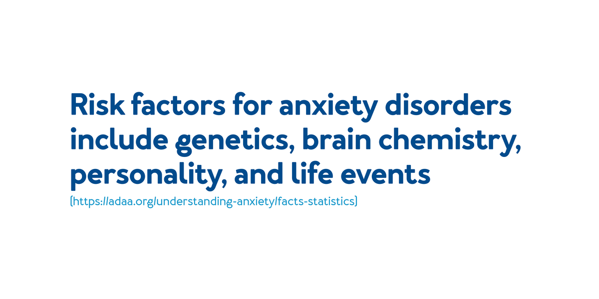 Risk factors for anxiety disorders include genetics, brain chemistry, personality : Further details are provided below