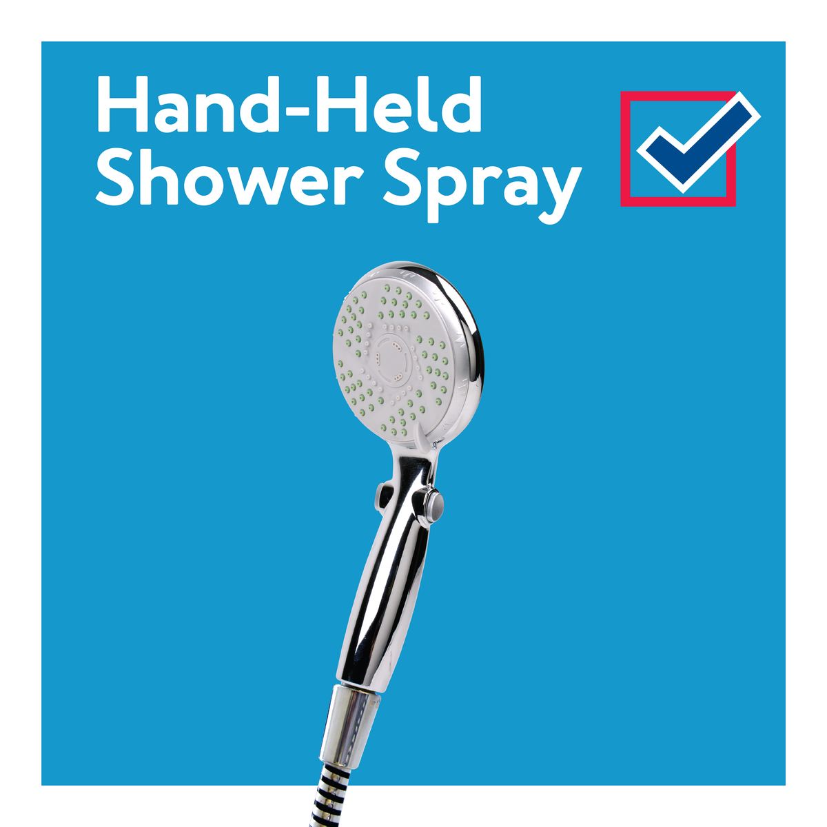 A shower spray on a blue background next to a checkmark