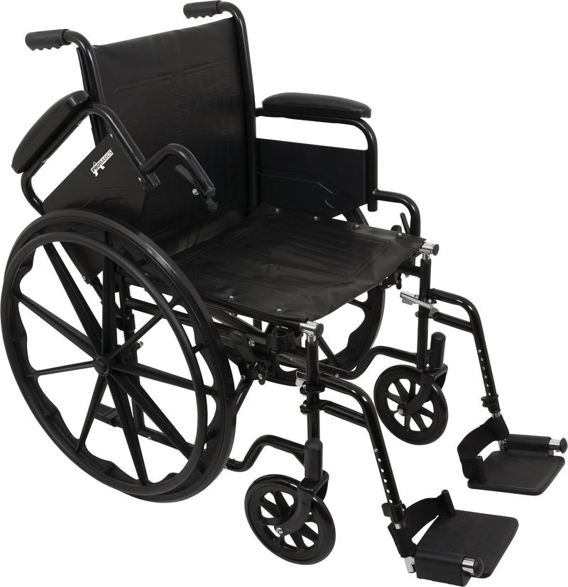 A black wheelchair with one arm up
