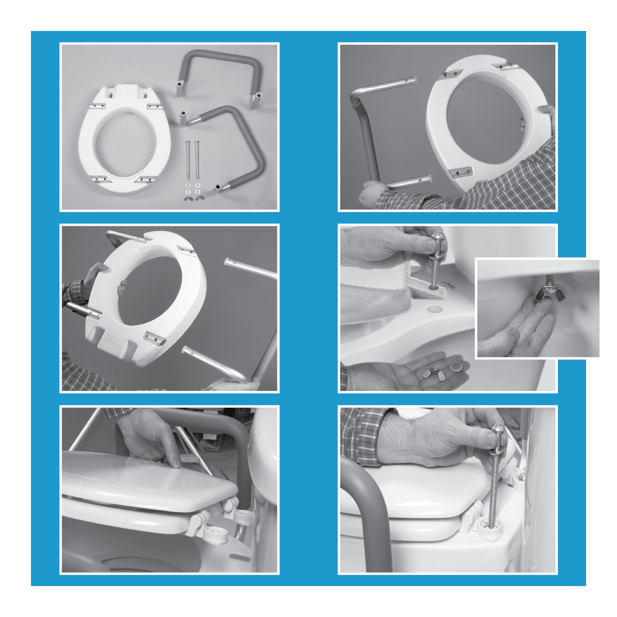Various images showing the steps to install the Carex Toilet Seat Elevator 