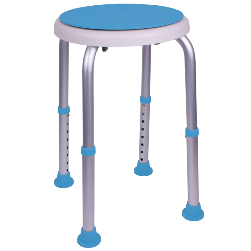 Blue and white shower stool with metal legs and swiveling seat