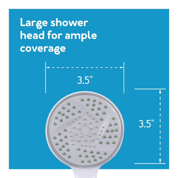 The Carex Hand-Held Shower Spray on a blue background. Large shower head for ample coverage 3.5 x 3.5 inches dimensions