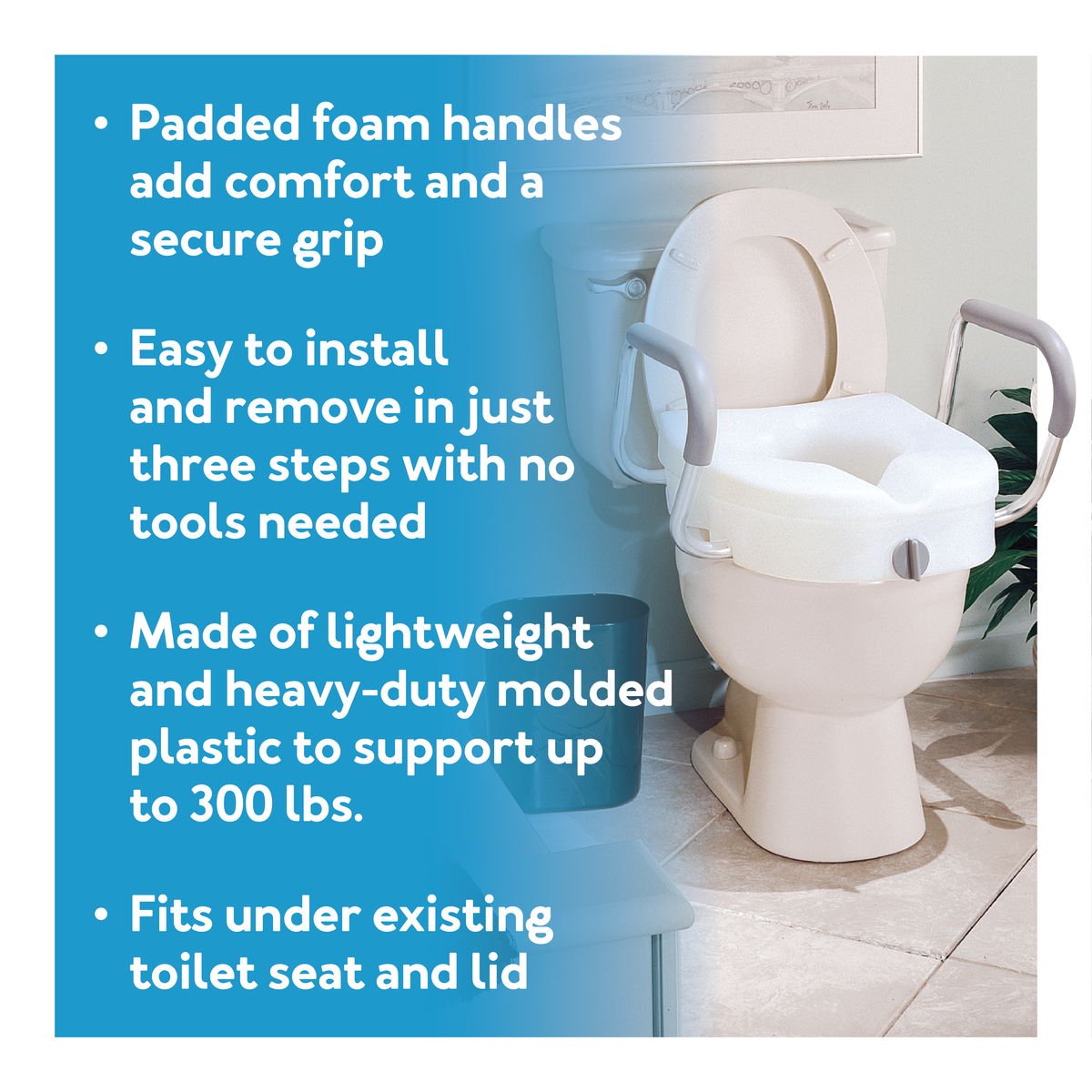 The Carex E-Z Raised Toilet Seat in a bathroom, further details are provided below.