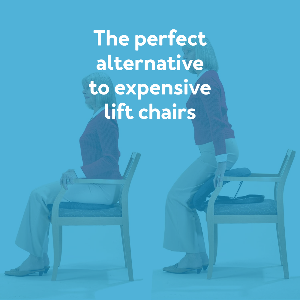 The Carex Upeasy Seat Assist being used to stand up. Text, “The perfect alternative to expensive lift chairs”