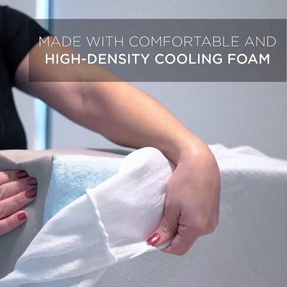 The inside of the Bed Buddy Wedge Pillow. Text, Mad with comfortable and high-density cooling foam.