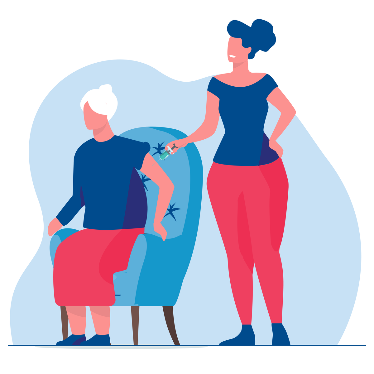 A graphic of a female caregiver next to an elderly woman sitting down