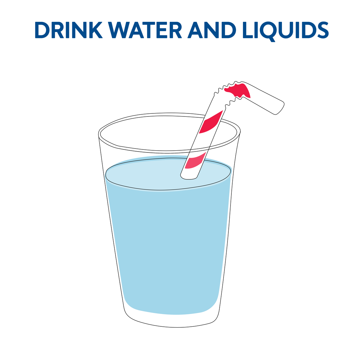 A graphic of a cup of water with a straw in it. Text, drink water and liquids