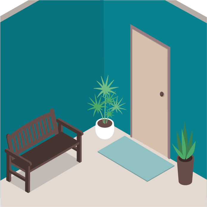 A graphic of an outdoor door next to plants and a bench