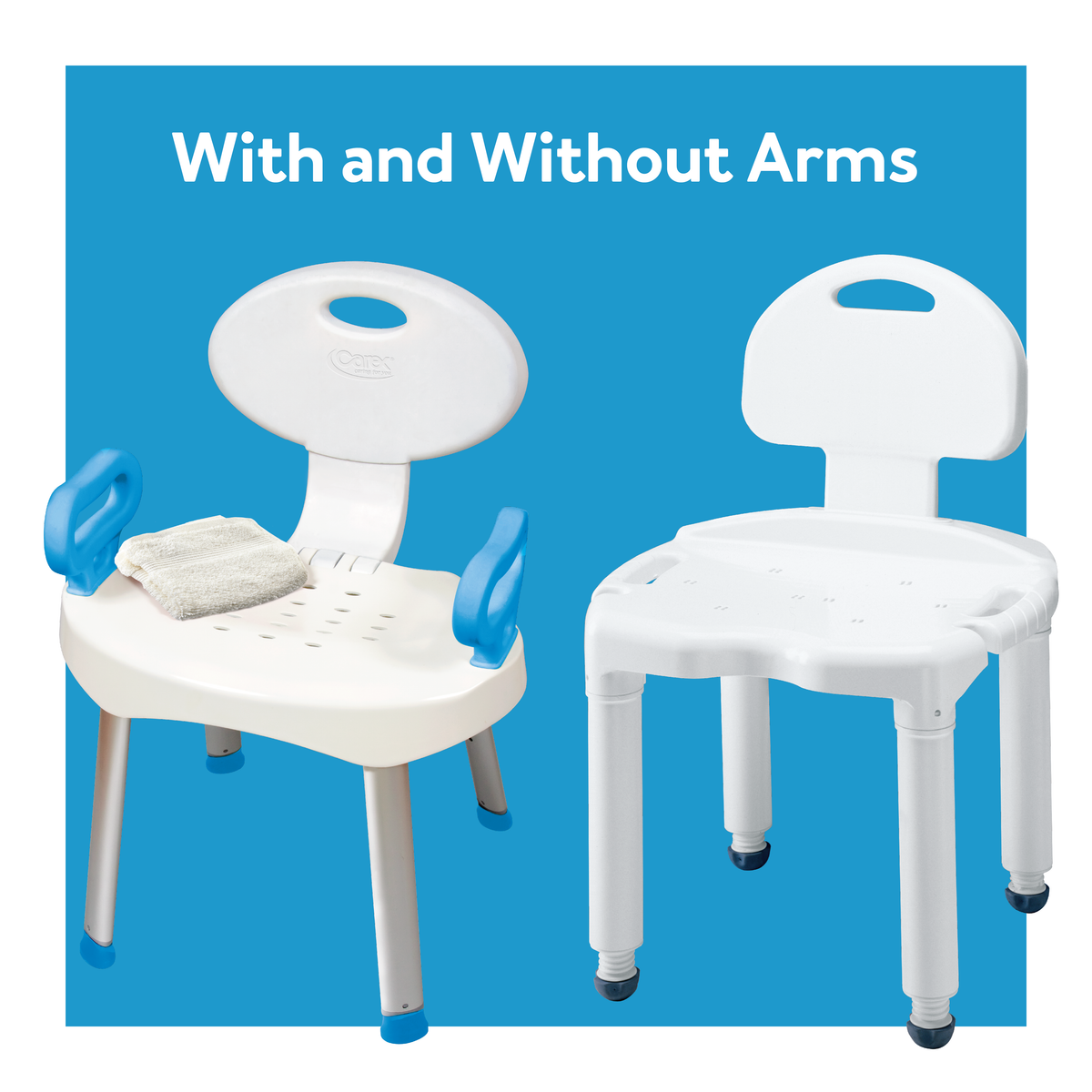 A shower seat with arms next to one without. Text, “with and without arms”