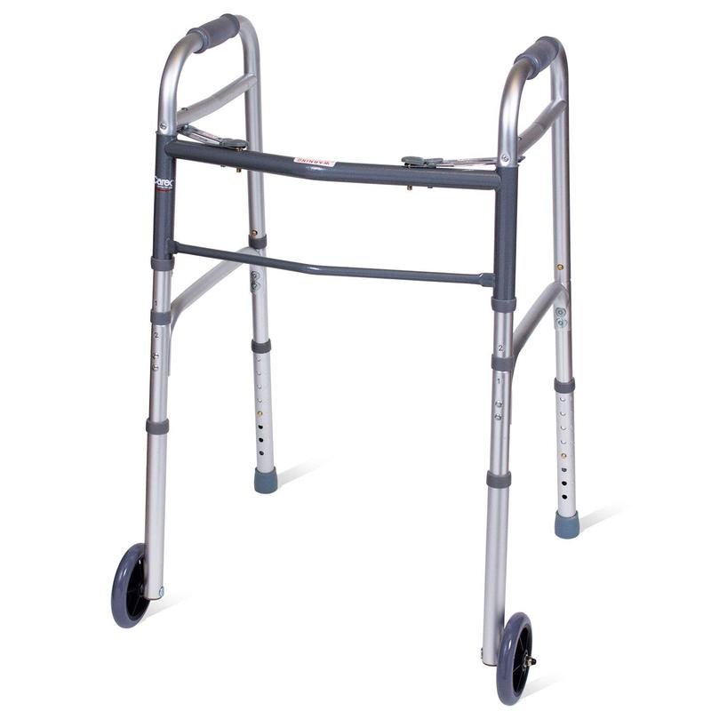 A silver walker with a gray crossbar and two wheels