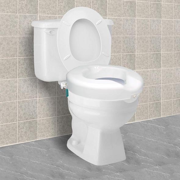 The Carex Safe Lock Bariatric Raised Toilet Seat on a toilet