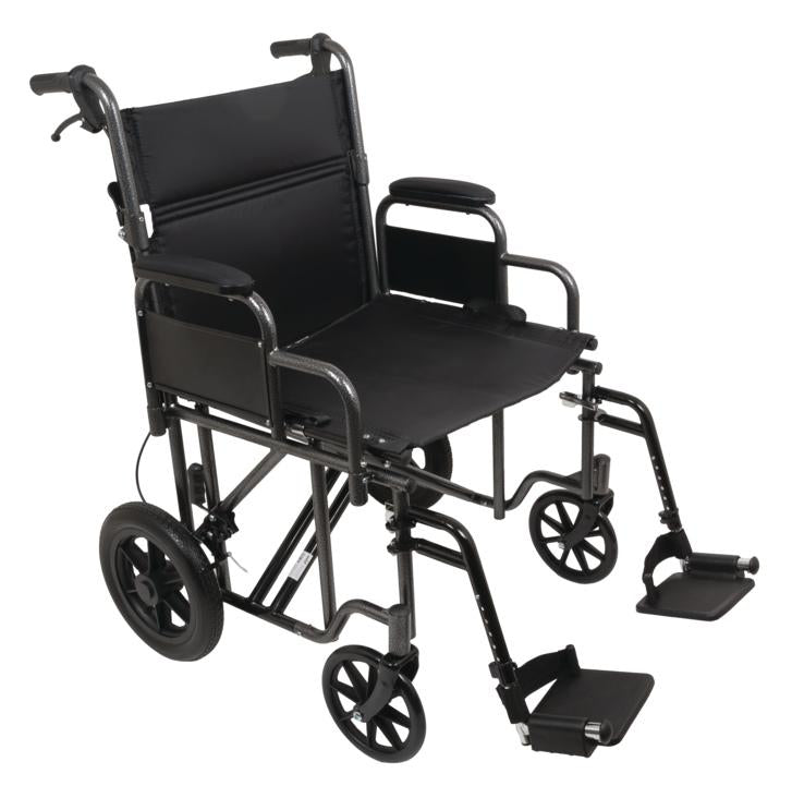 A black transport chair with large wheels and brakes