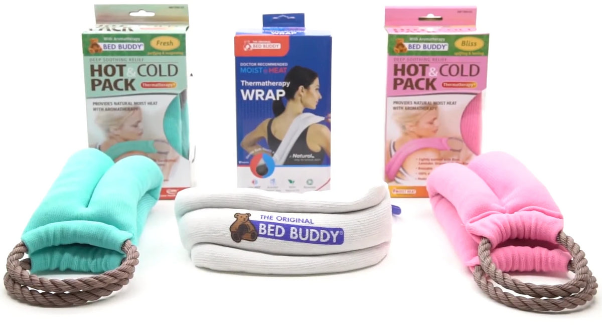 The Bed Buddy Hot & Cold Wrap in three colors: white, blue, and pink