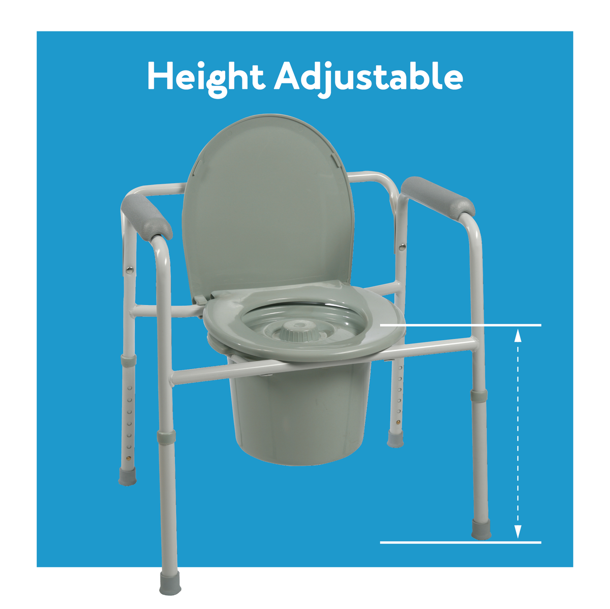 A commode with its height outlined. Text, height adjustable