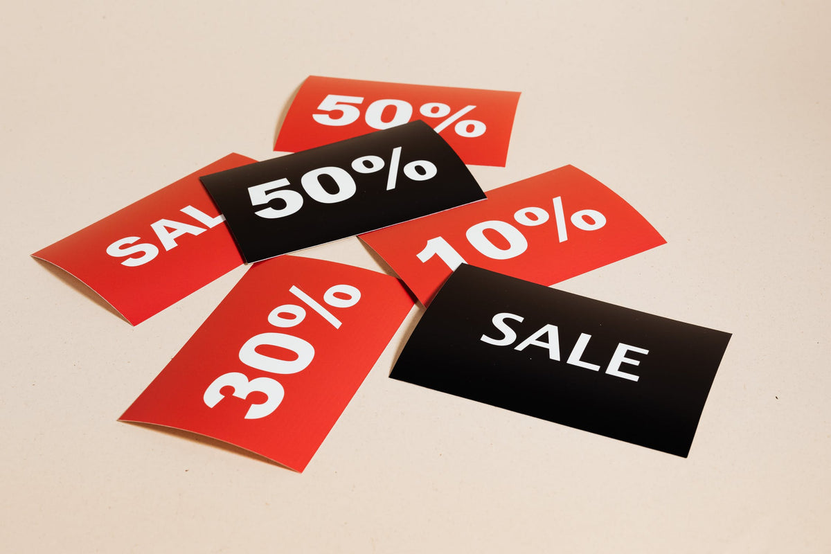 Various tags with “sale,” “30%,” “10%,” and “50%” on them