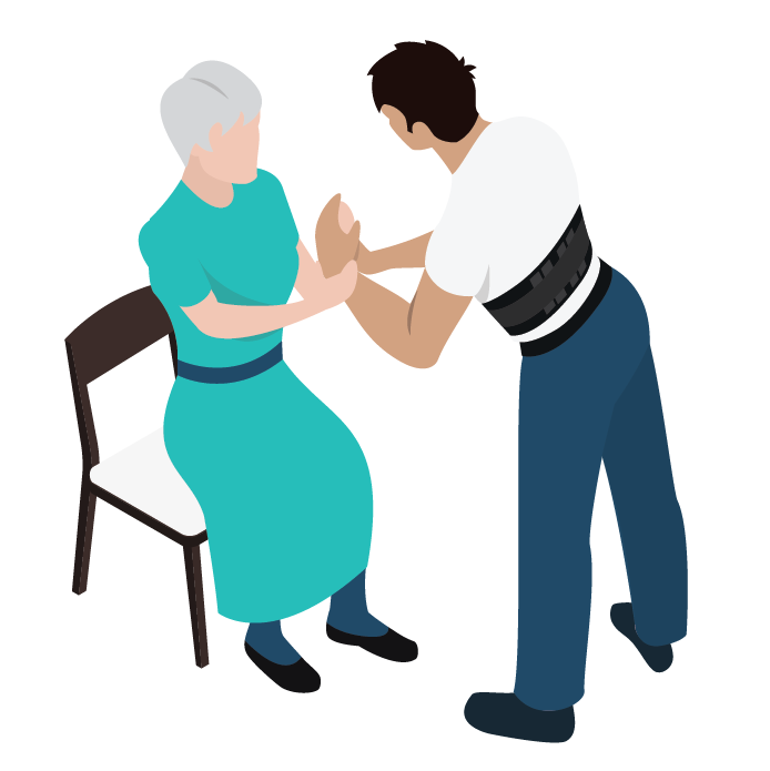 A cartoon man with a back support belt helping a senior woman stand up