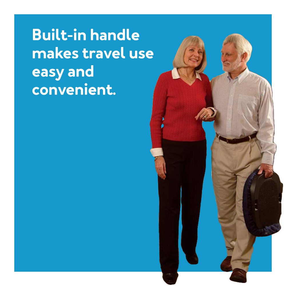 A couple carrying the Carex Upeasy Seat Assist on a blue background. Text, “Built in handle makes travel use easy and convenient”Built-in