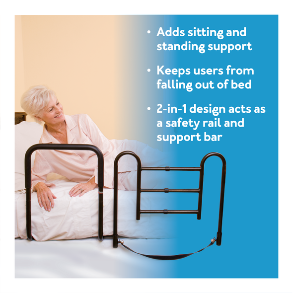 A woman sitting up with the Carex Easy-Up Bed Rail on her bed, further details are provided below.