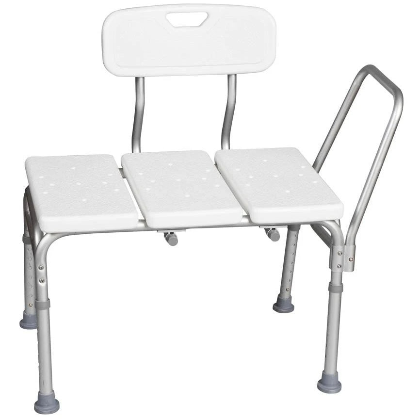 White plastic transfer bench with metal legs and bar