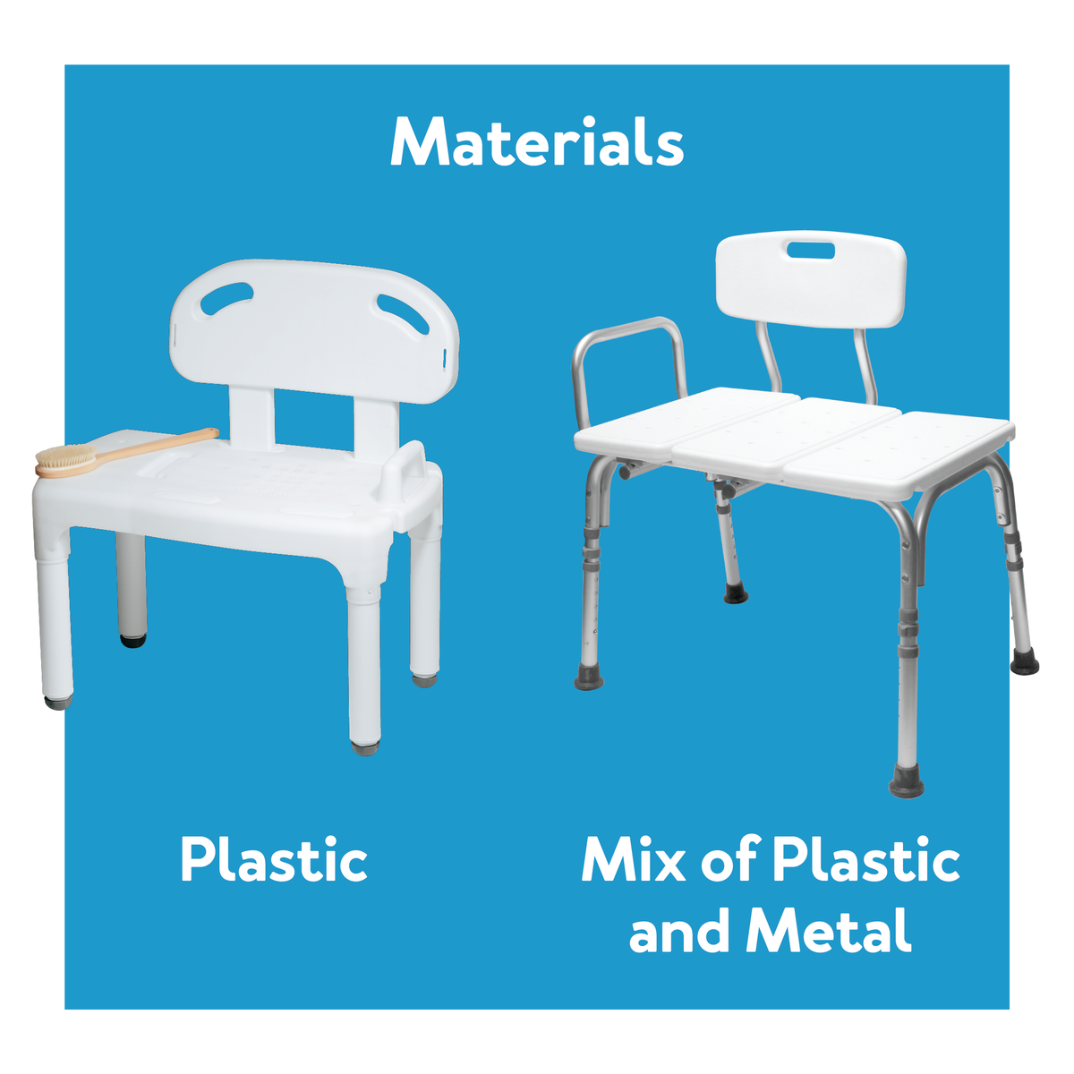 A plastic transfer bench next to a plastic and metal transfer bench. Text, materials