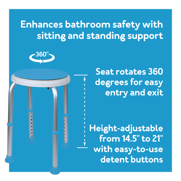 The Carex Swivel Stool on a blue background. Text, “Enhances bathroom safety with sitting and standing support. Seat rotates 360 degrees. Height adjustable from 14.5” to 21””