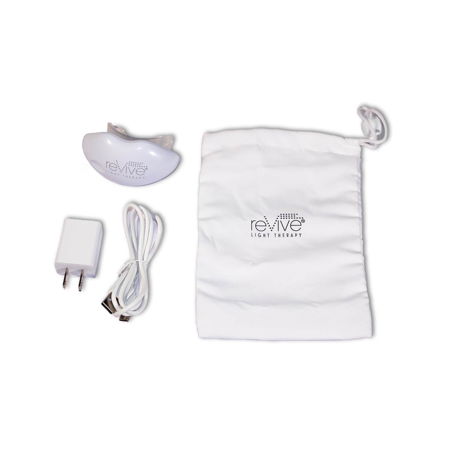 reVive Lip Care Light Therapy System: includes bag, device, and charger, on white background