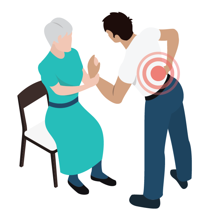 A cartoon man helping a sitting senior stand up. A red circle is over his back showing back pain.