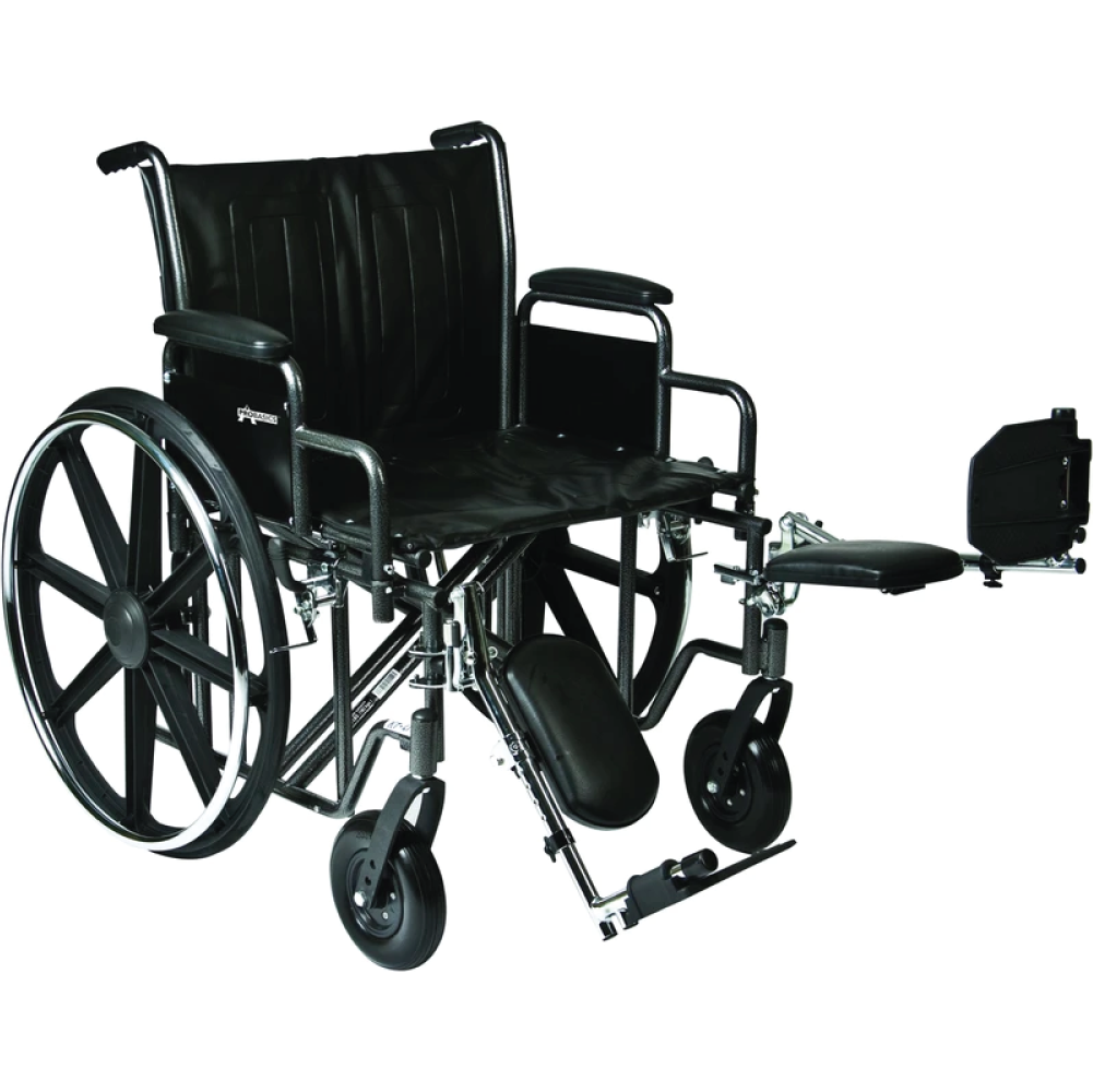 A black bariatric wheelchair with a raised legrest