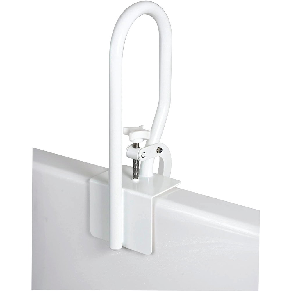 The Carex White Bathtub Rail on a bathtub over a white background