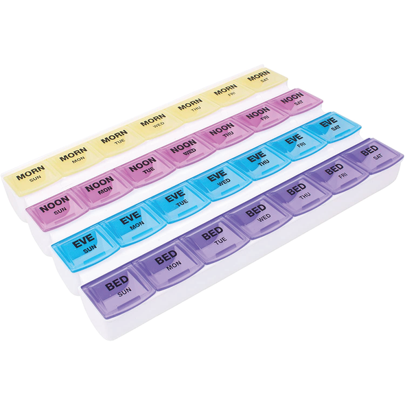 A colored pill organizer