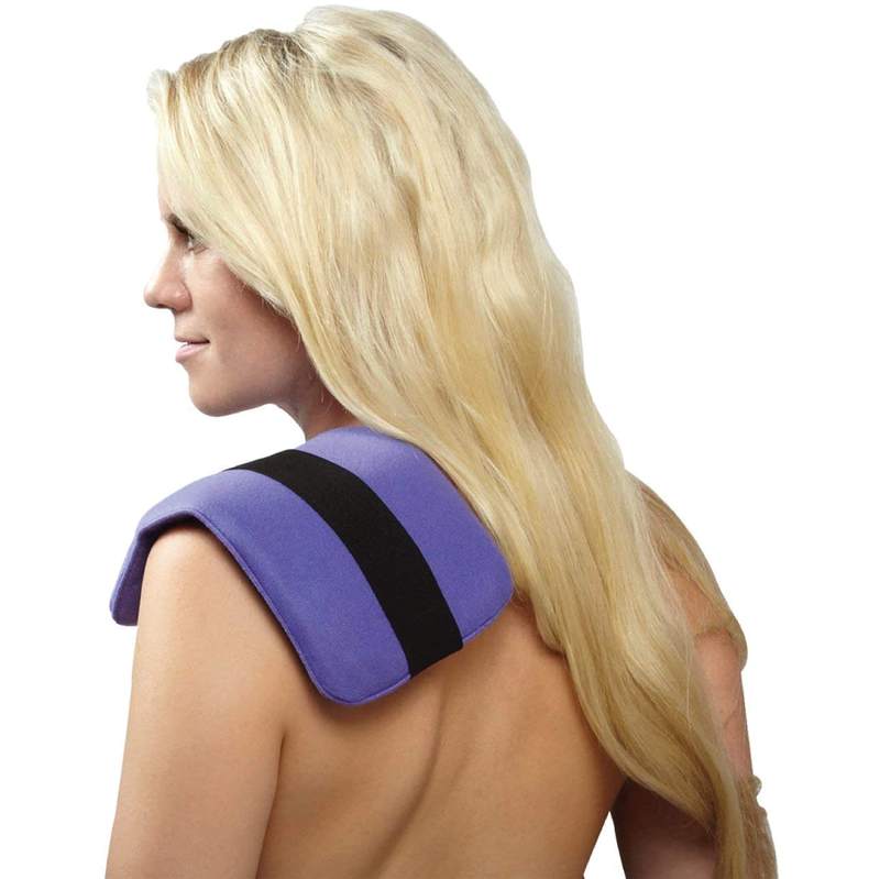 A blue hot/cold wrap on a woman’s back