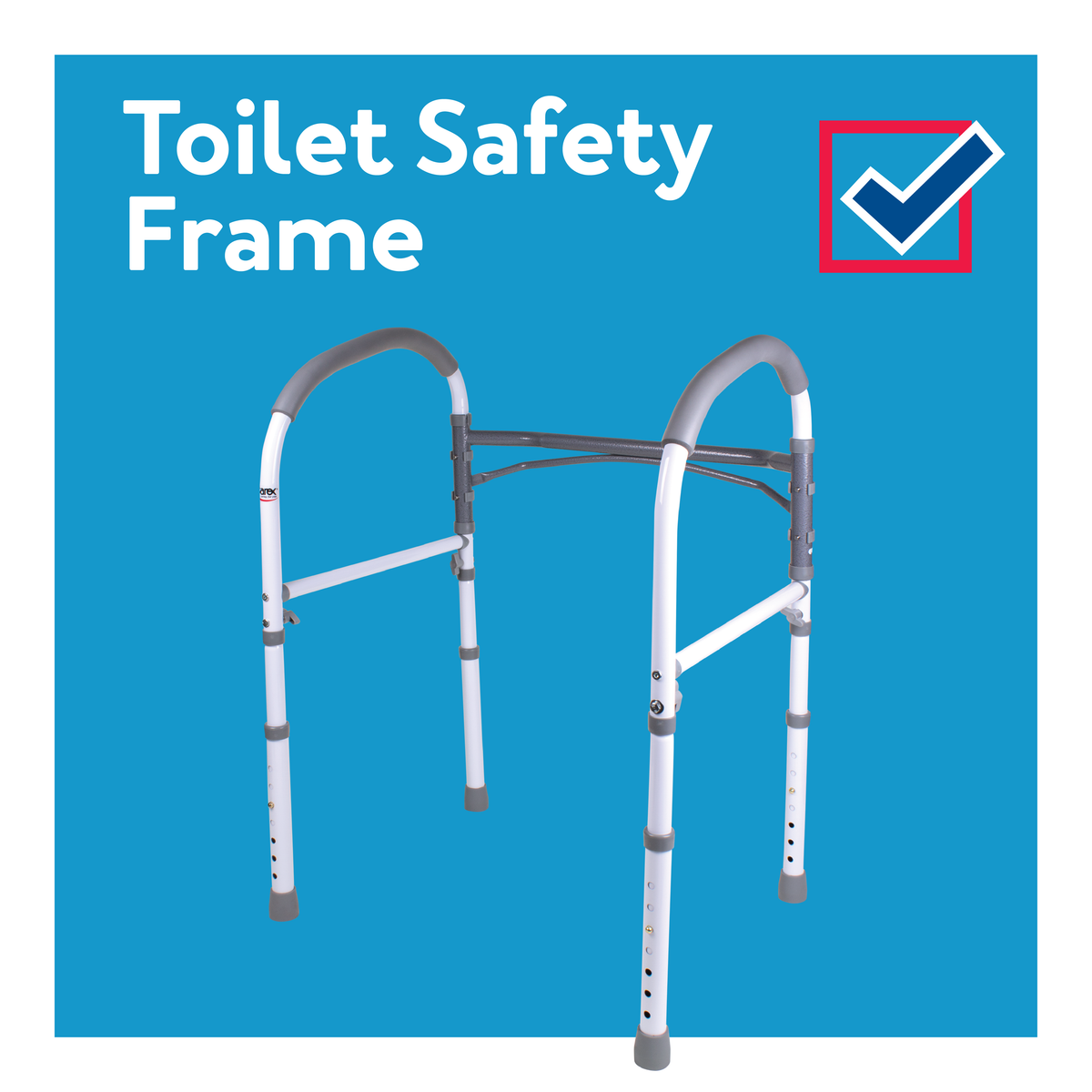 A toilet safety frame on a blue background next to a checkmark