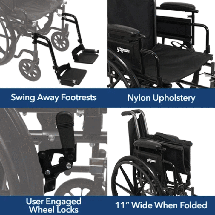 Features of a lightweight wheelchair: Swing-away footrests, nylon upholstery, user-engaged wheel locks, 11