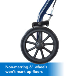 A close up of the ProBasics Steel Rollator’s wheel. Text, Non-marring 6” wheels won’t mark up floors