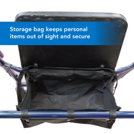 ProBasics Steel Rollator’s open storage bag.Text Storage bag keeps personal items out of sight and secure