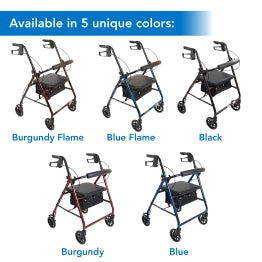  The ProBasics Aluminum Rollator in five colors: burgundy flame, blue flame, black, burgundy, and blue 