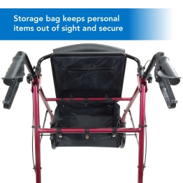 The ProBasics Aluminum Rollator with its storage bag open.Text Storage bag keeps personal items out of sight and secure