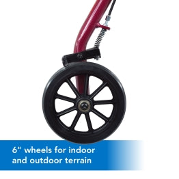 A close up of the ProBasics Aluminum Rollator’s wheels. Text, “6” wheels for indoor and outdoor terrain.