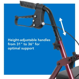 Close-up of ProBasics Rollator handles. Text: Height-adjustable handles from 31” to 36” for optimal support.