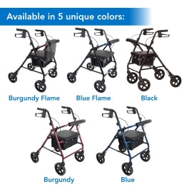 The ProBasics Deluxe Aluminum Rollator in five colors: burgundy flame, blue flame, black, burgundy, and blue