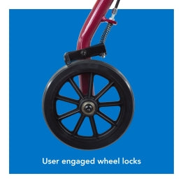 A closeup of the ProBasics Junior Rollator wheels. Text, User engaged wheel locks
